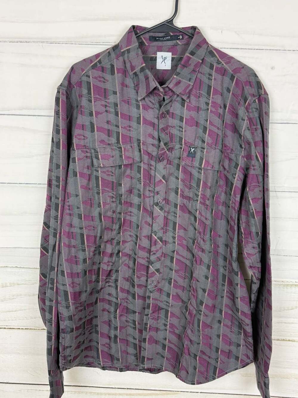 Marc Ecko Cut & Sew Long Sleeve Button Down Shirt Size L Purple Plaid